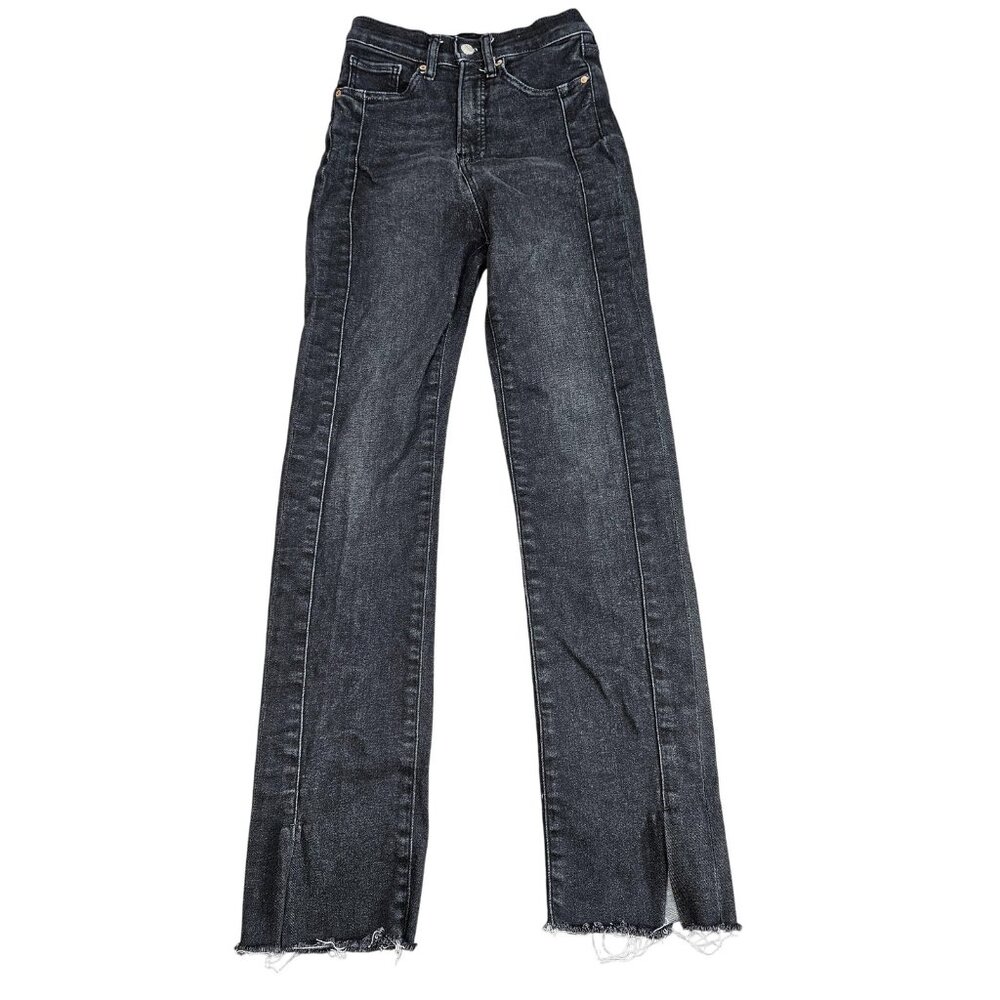 Express 90s Slim Super High Rise Straight Jeans Womens 2R Charcoal Raw Hem Denim